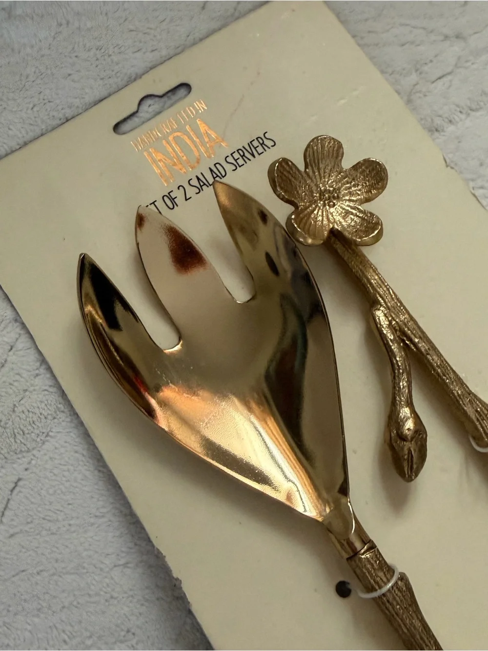 NWT Handcrafted in India Floral Salad Serving Set | Gold Branch & Blossom